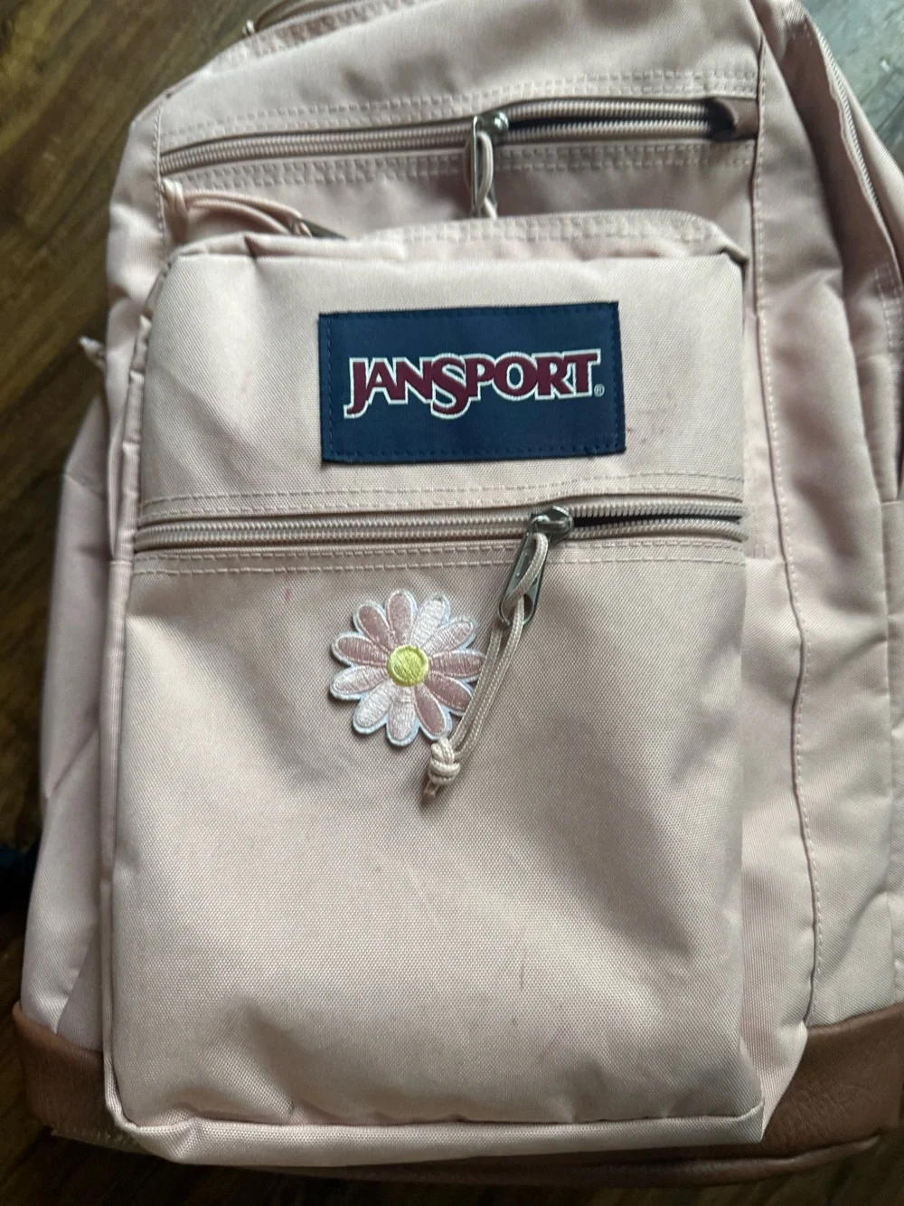 Jansport Blush Pink Daisy Backpack with Brown Base